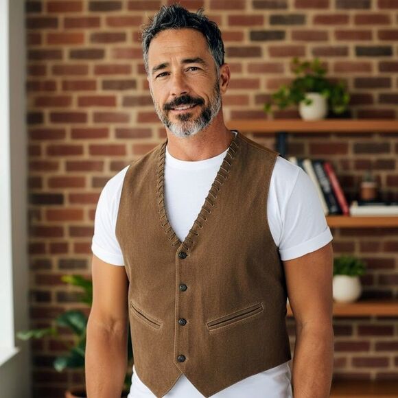 AJ Genuine Suede Leather Vest Western Cowboy Boho Fringe Look Men’s L Brown Line - Picture 2 of 8